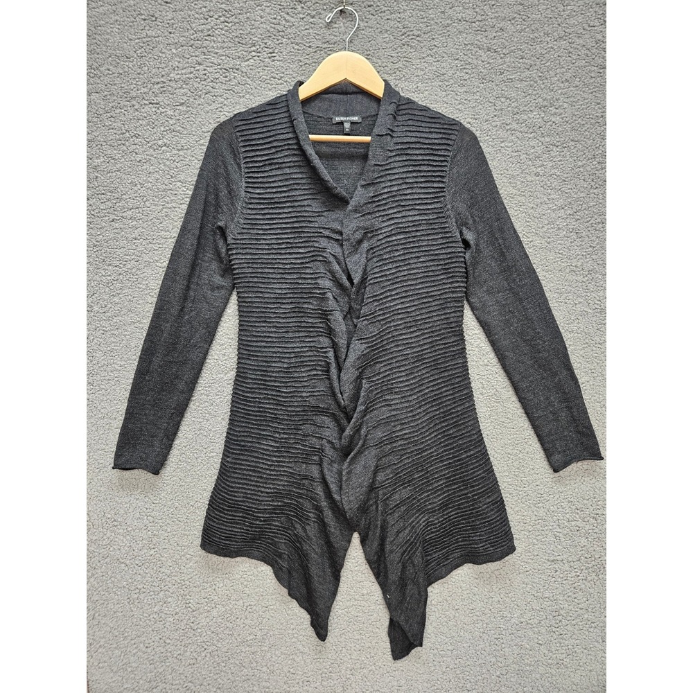 Eileen Fisher Cardigan XS Gray Merino Wool Ribbed Ruffle Open Front Sharkbite